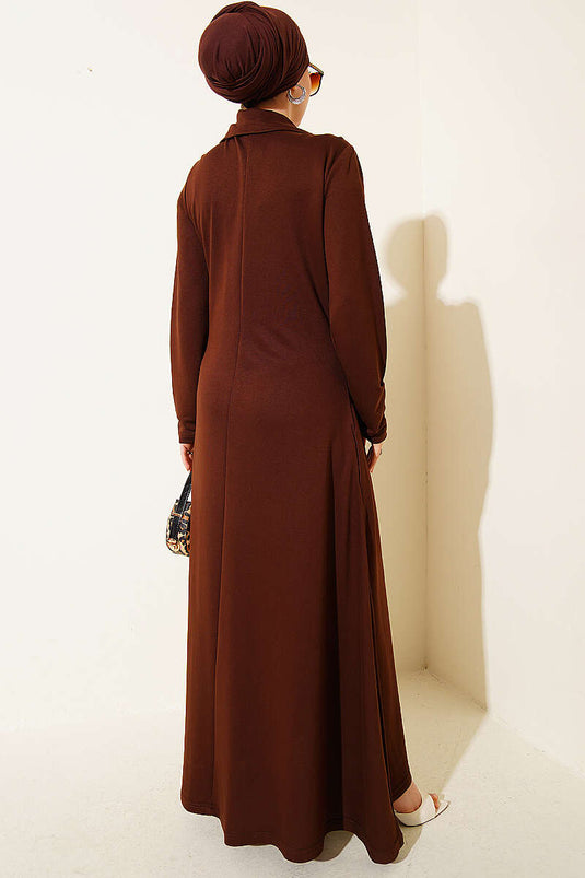 Yaka Halb Reißverschluss Loyşa Kleid Braun