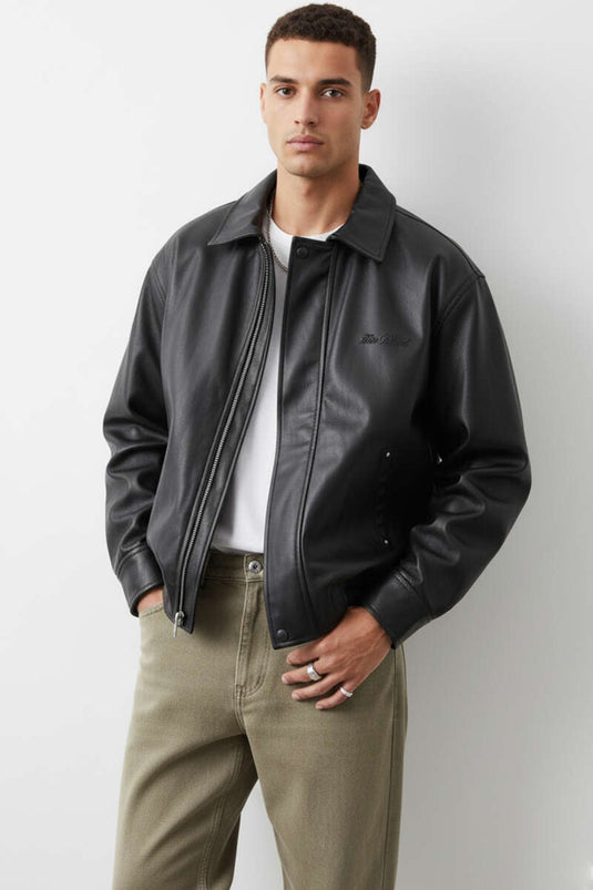 Men's Leather Jacket with Collar Emblem, Black