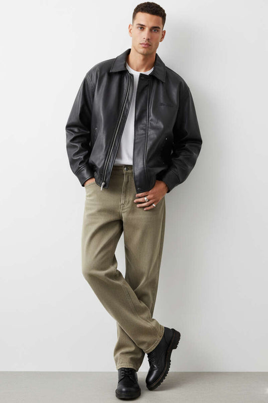 Men's Leather Jacket with Collar Emblem, Black