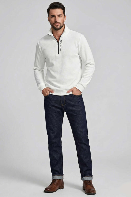 ياقة مكتوبة بسحاب سترة رجالية بلون عاجي