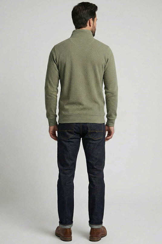 سويت شيرت رجالي بياقة مكتوبة وسحاب بلون زيتي