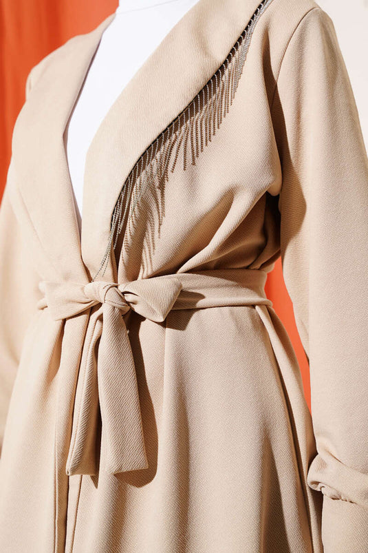 Collar Chain Tassel Two Piece Suit Beige