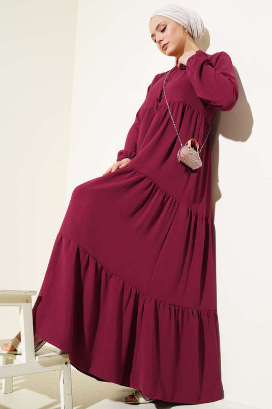 Layered Dress with Tie Collar Burgundy