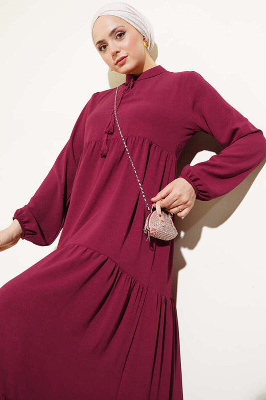 Layered Dress with Tie Collar Burgundy