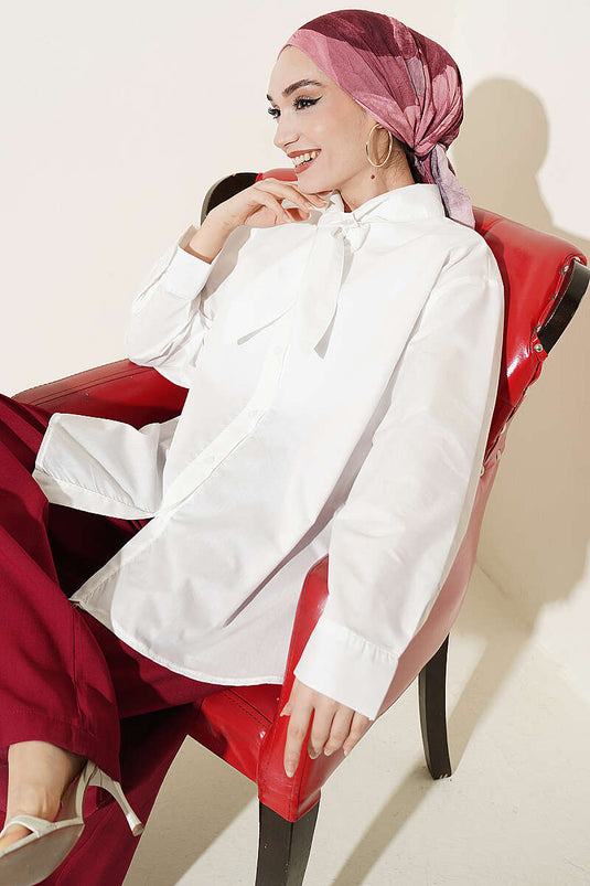 Camicia ampia con collo a coulisse color ecru