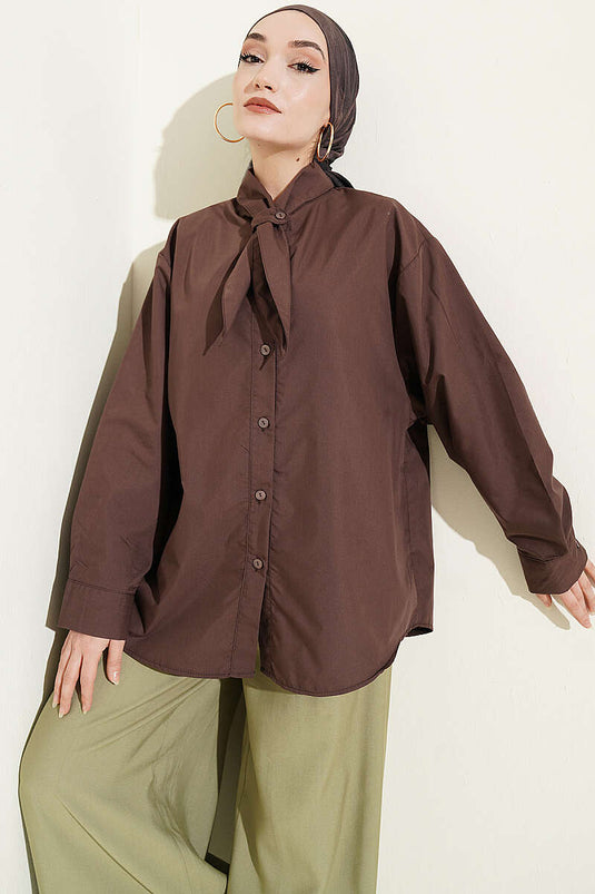 Chemise ample à col à cordon, couleur café
