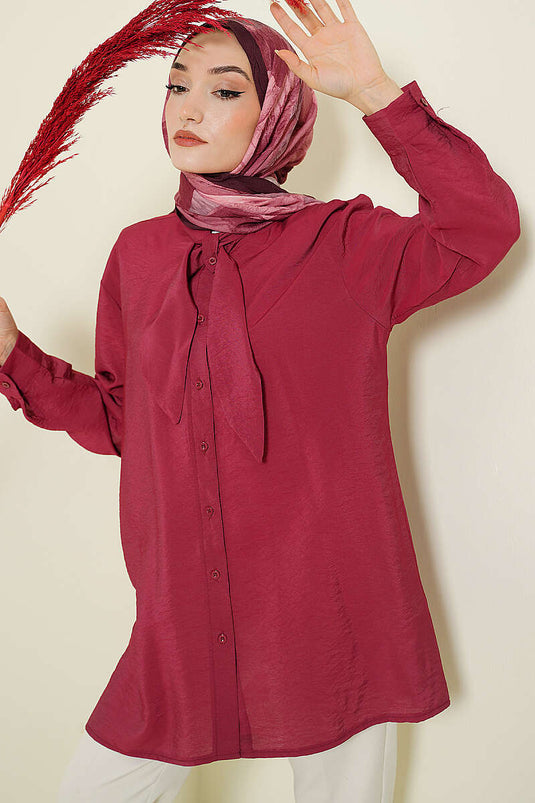 Burgundy Loose Shirt with Tie Collar