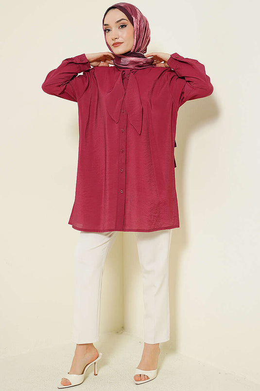 Burgundy Loose Shirt with Tie Collar