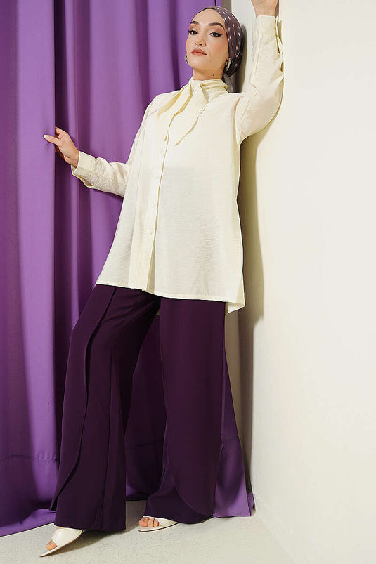 Cream Loose Shirt with Tie Collar
