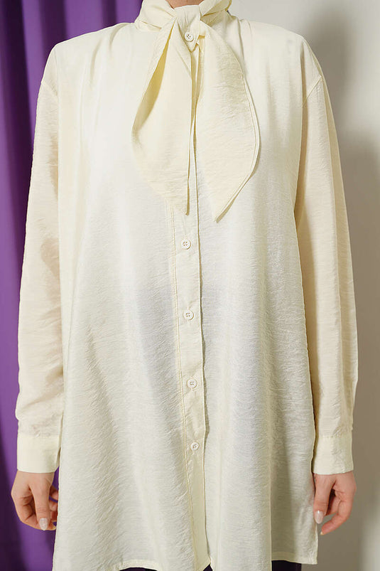 Cream Loose Shirt with Tie Collar
