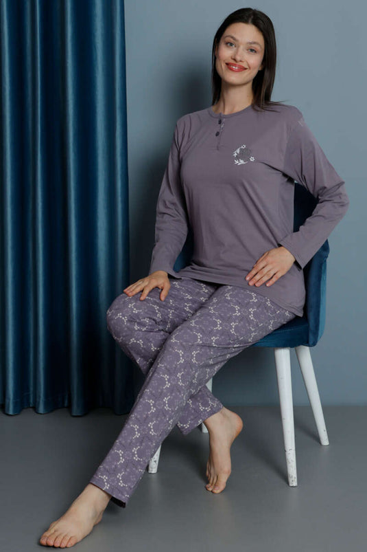 طقم بيجامة نسائي بياقة مطرزة بالزهور، أرجواني