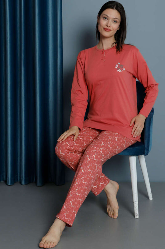 Ensemble pyjama corail pour femme avec col brodé de fleurs