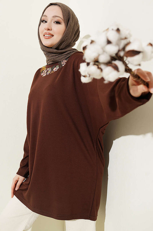 Loyşa Tunic with Floral Embroidery Collar Brown