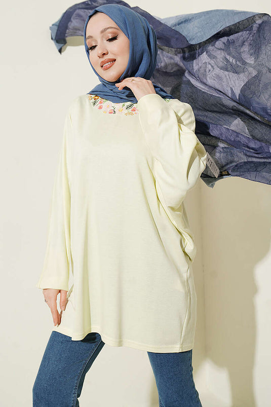 Yellow Tunic with Floral Embroidery on the Collar