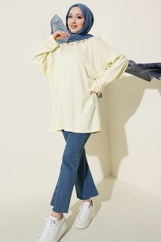 Yellow Tunic with Floral Embroidery on the Collar