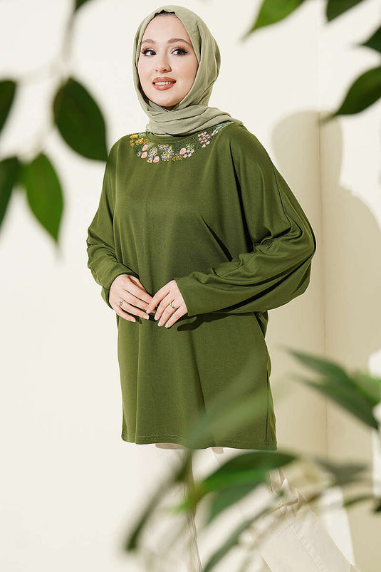 Yakası Çiçek Nakışlı Loyşa Tunik Yeşil