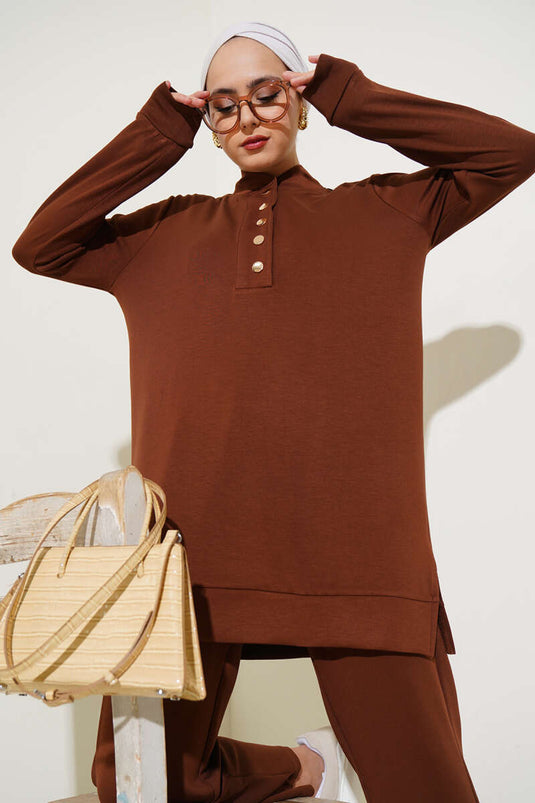 Snap Collar Two Piece Suit Brown