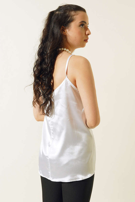 Blouse En Satin À Bretelles Avec Col En Dentelle Blanc