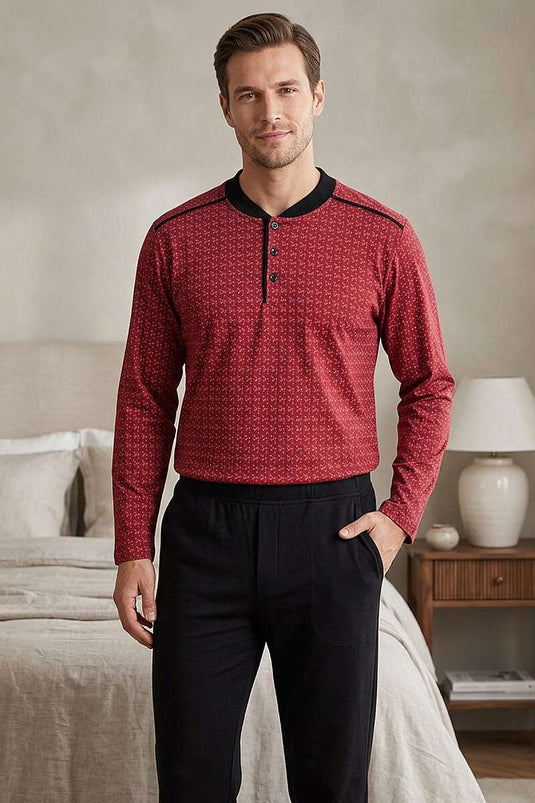 Ensemble pyjama homme à motifs avec col boutonné, bordeaux