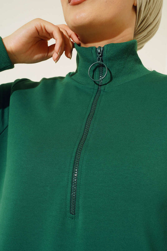 Pull Long Col Zippé Vert Émeraude