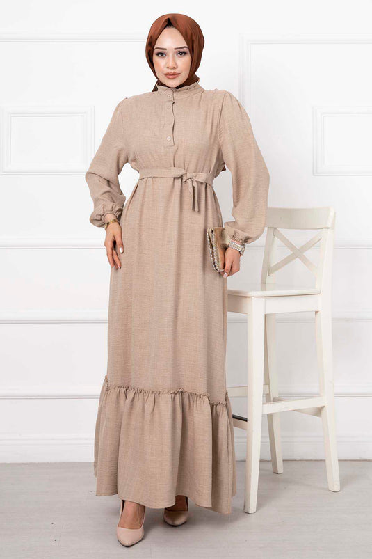 Robe Hijab Longue Crème avec Détail Volant sur le Col