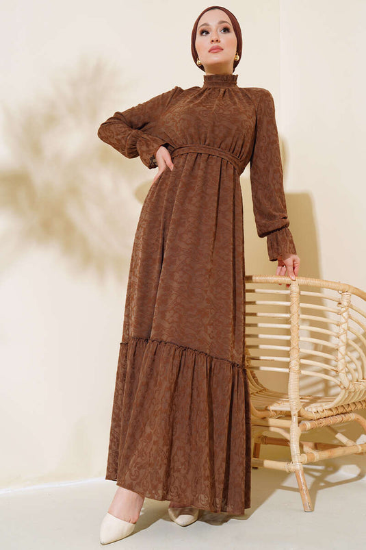 Ruffle Collar Belted Dress Brown
