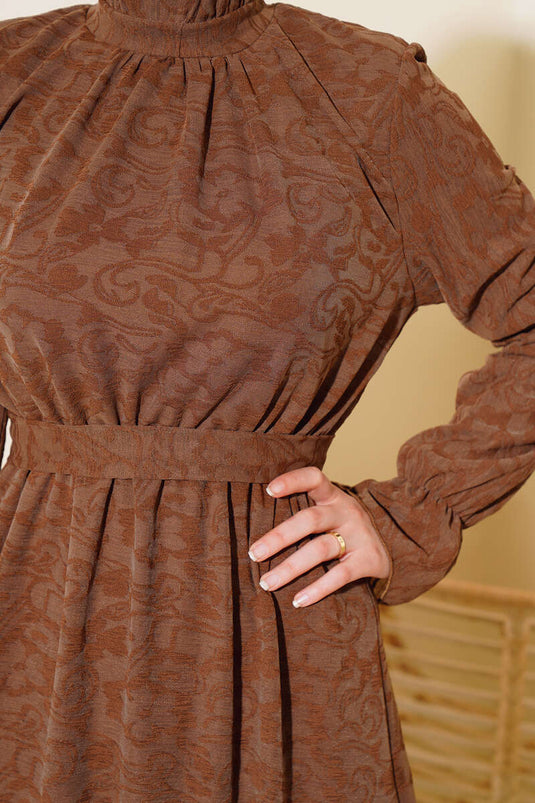 Ruffle Collar Belted Dress Brown