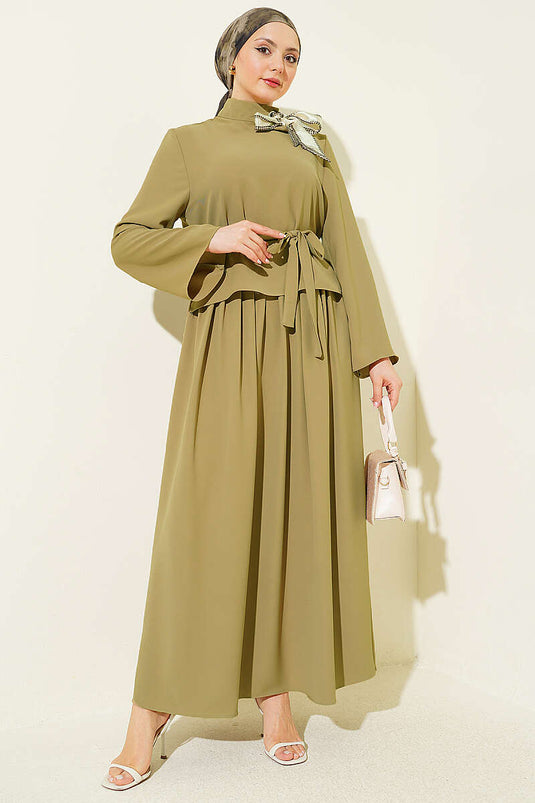 Two-Piece Set with Scarf Collar and Skirt in Olive Green