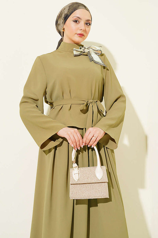 Two-Piece Set with Scarf Collar and Skirt in Olive Green
