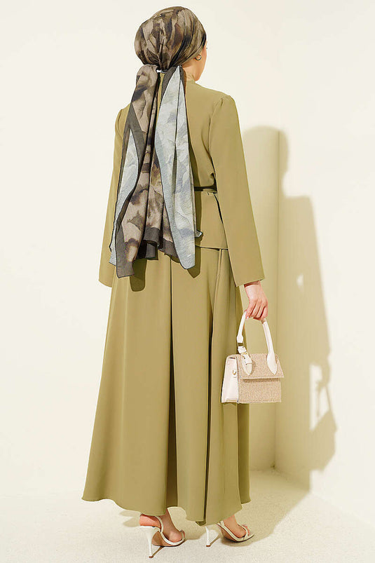 Two-Piece Set with Scarf Collar and Skirt in Olive Green