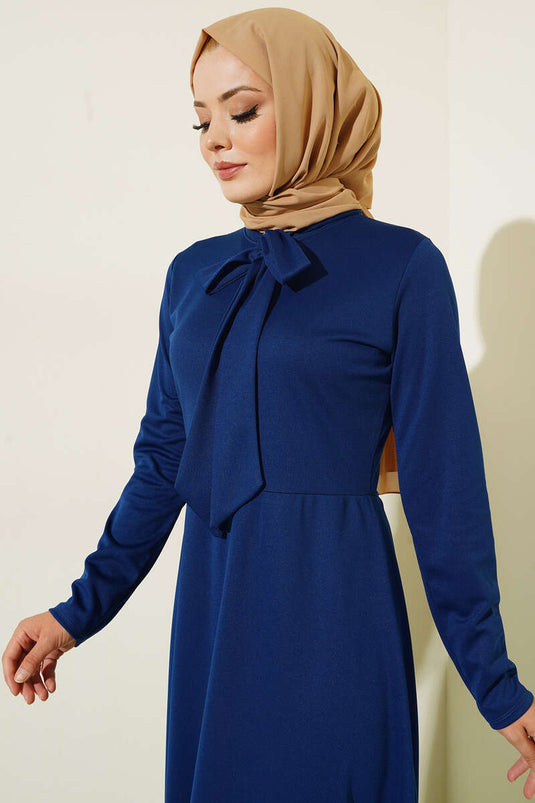 Robe Coupe Décontractée avec Col Foulard Indigo