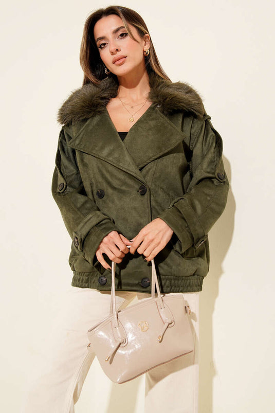 Khaki Bomber Jacket with Fur Collar Detail