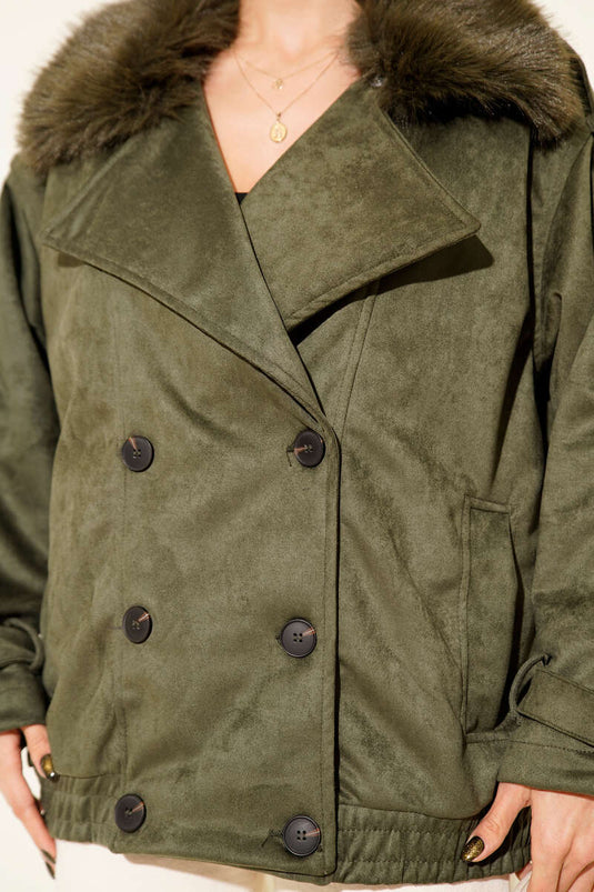 Khaki Bomber Jacket with Fur Collar Detail