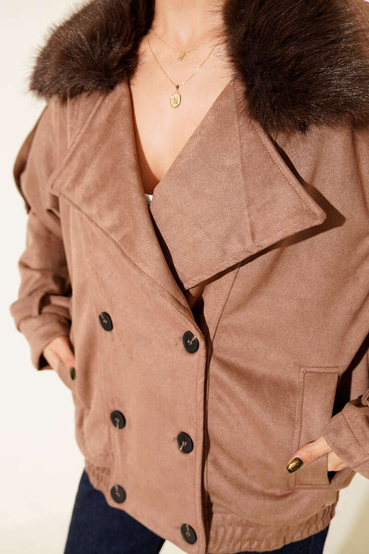 Latte Bomber Jacket with Fur Collar Detail