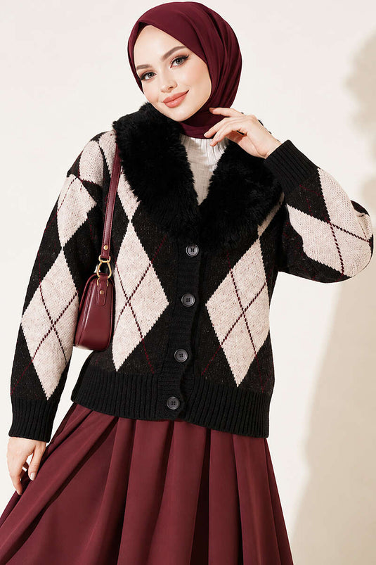 Chaqueta De Punto Con Cuello De Pelo Sintético Y Diseño De Patrón