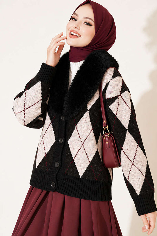 Chaqueta De Punto Con Cuello De Pelo Sintético Y Diseño De Patrón