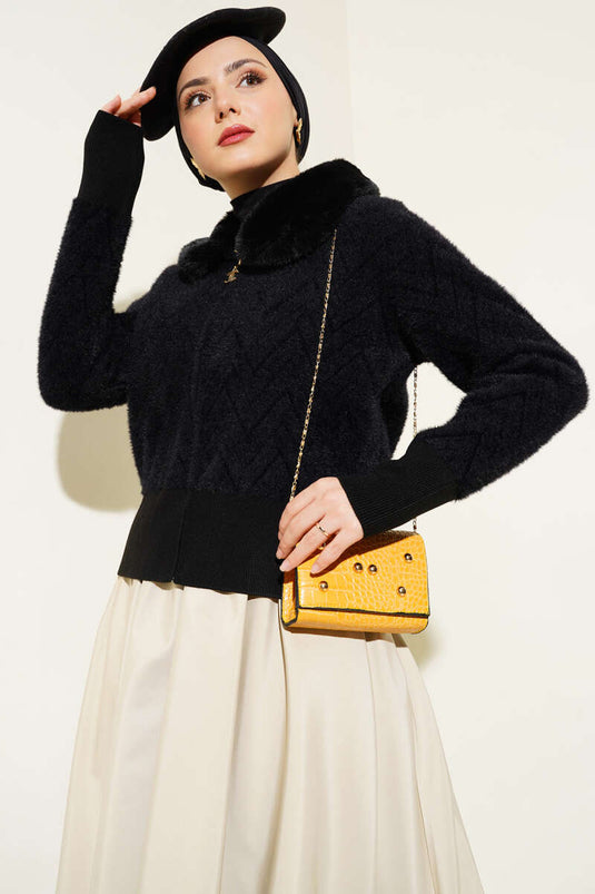 Fur Collar Zippered Short Jacket Black