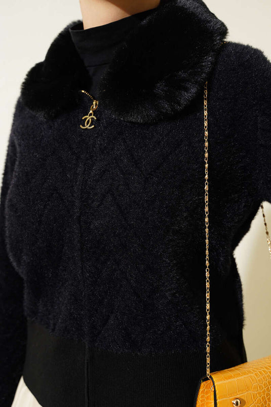 Fur Collar Zippered Short Jacket Black