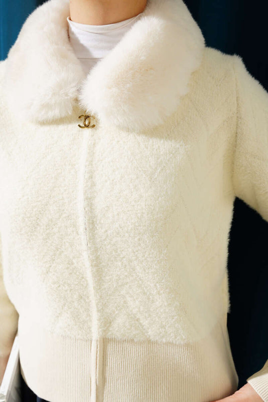 Fur Collar Zippered Short Jacket Vanilla