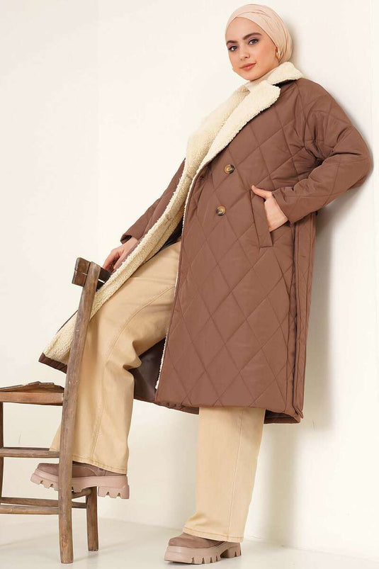 Manteau Matelassé Col Fourrure Marron