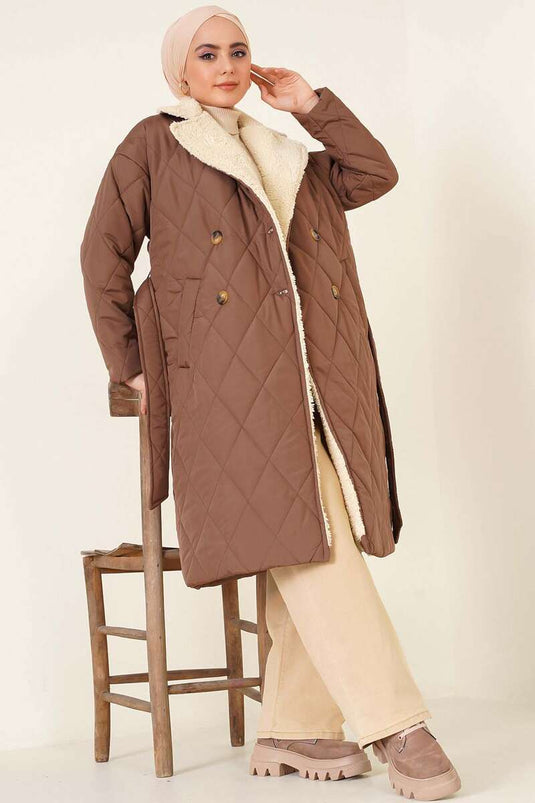 Manteau Matelassé Col Fourrure Marron