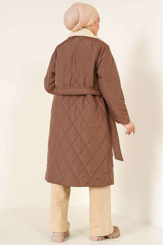 Manteau Matelassé Col Fourrure Marron