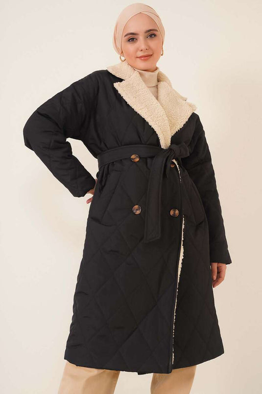 Manteau Matelassé Col Fourrure Noir