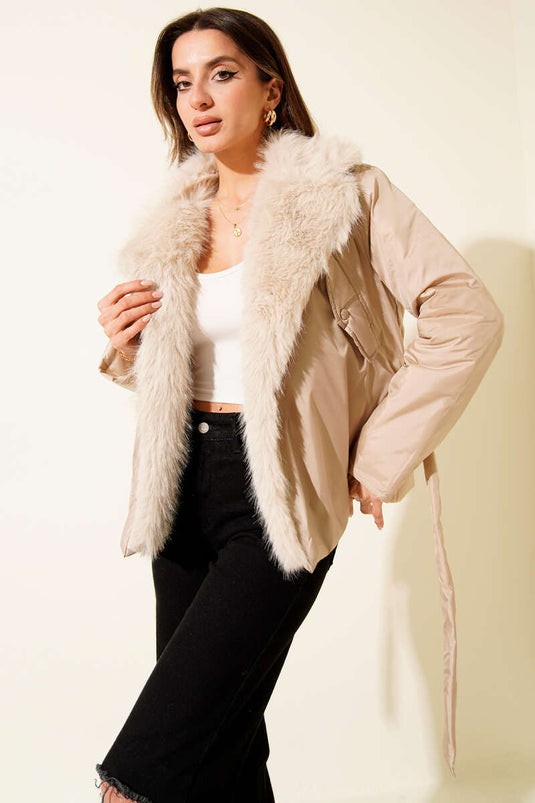 Short Coat with Fur Collar and Belt, Stone