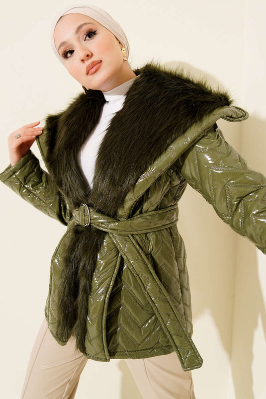 Yakası Kürklü Parlak Mont Haki