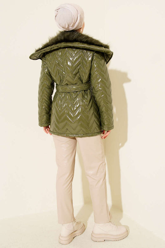 Yakası Kürklü Parlak Mont Haki