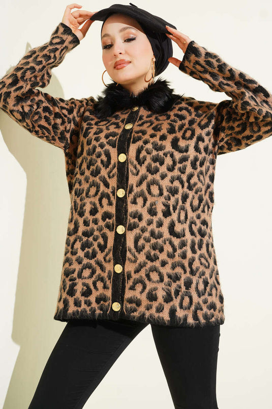 Yakası Kürklü Triko Leopar Hırka