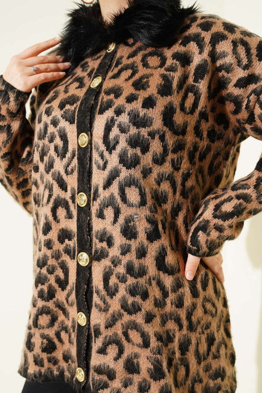 Yakası Kürklü Triko Leopar Hırka