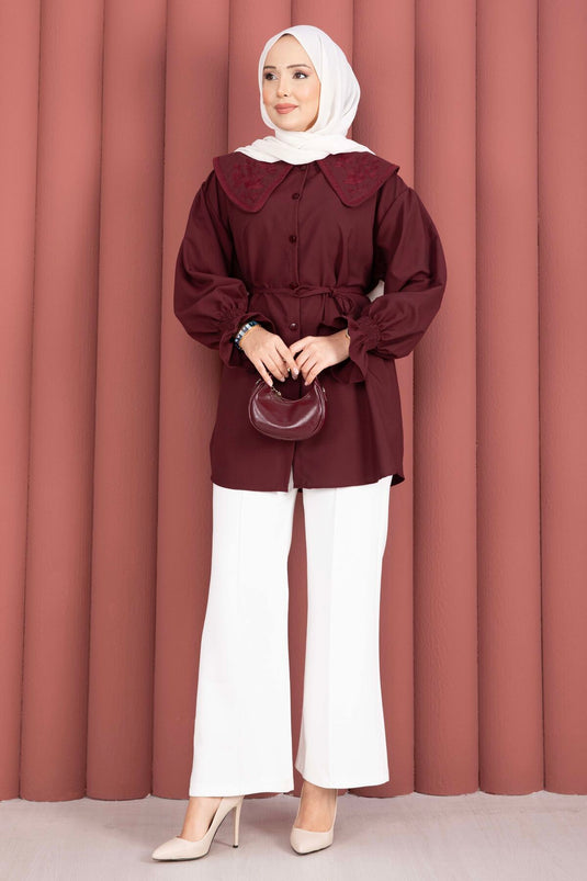 Yakası Nakış Detaylı Beli Bağcıklı Tunik Bordo