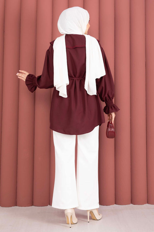 Yakası Nakış Detaylı Beli Bağcıklı Tunik Bordo